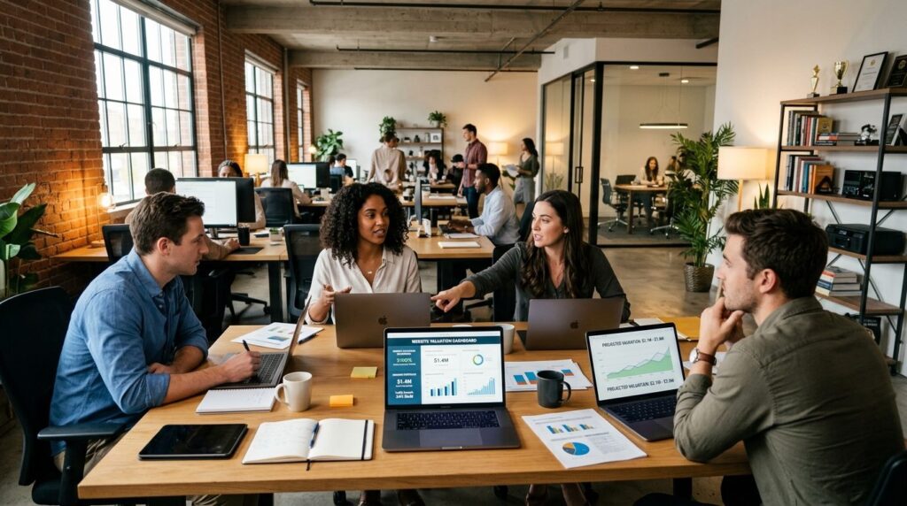 Wide shot of a digital agency workspace with entrepreneurs d