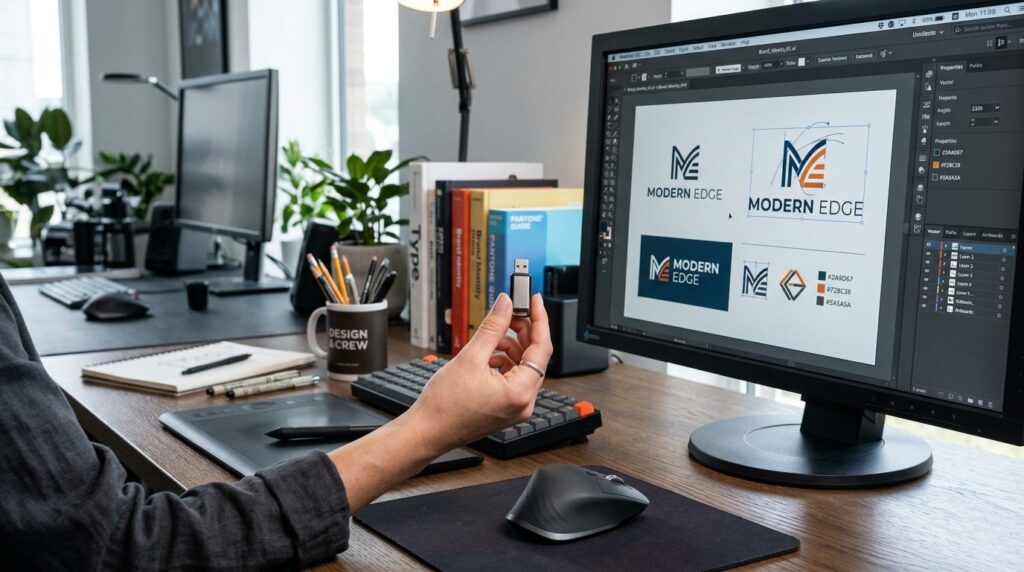 Close-up of a designers hand holding a USB drive next to a 