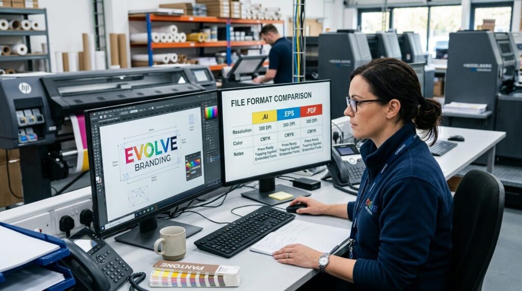 Print production specialist reviewing digital files on dual 