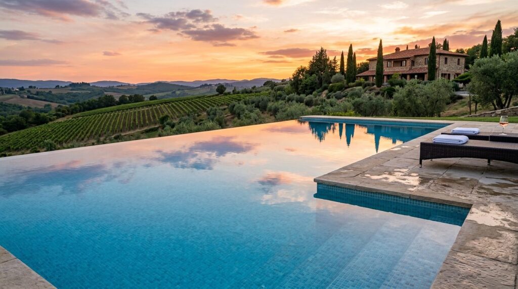 Close-up of a private infinity pool overlooking Tuscan count