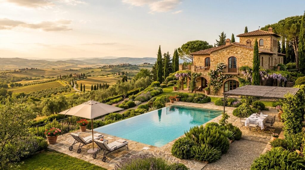 Tuscan hilltop location showing stone villa with private poo