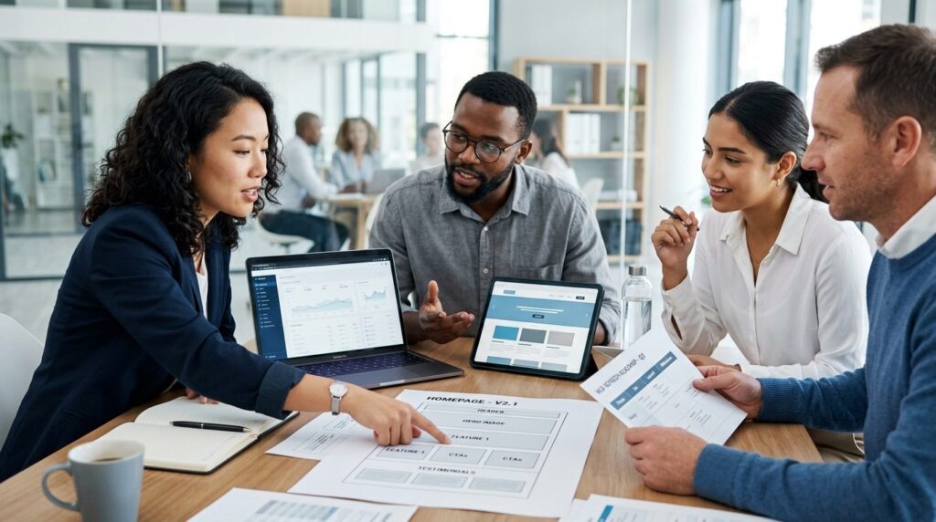 Close-up photograph of a business team collaborating around