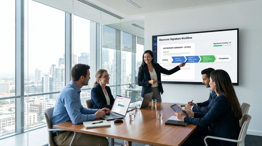Business team in modern glass office meeting room reviewing