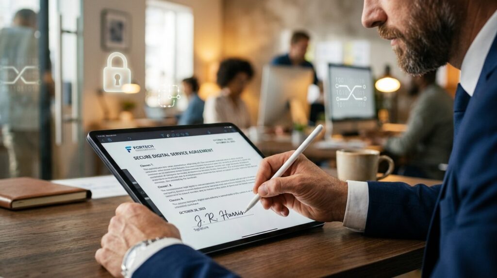 Close-up of businessmans hand signing a digital contract on