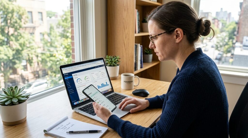 Small business owner entrepreneur working at desk with smart