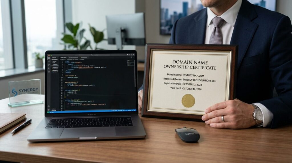 Close-up of businessmans hands holding a domain name certif