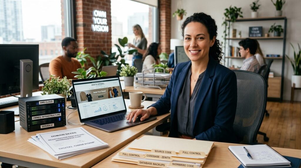 Entrepreneur or small business owner sitting confidently at 