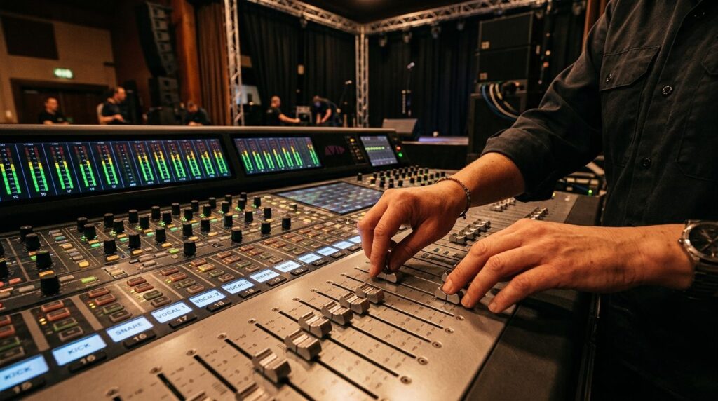 Close-up of professional audio engineers hands adjusting mi