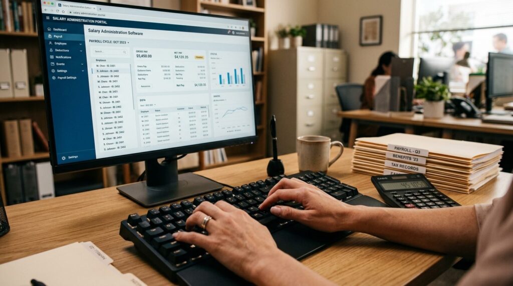 Close-up of hands typing on keyboard with salary administrat