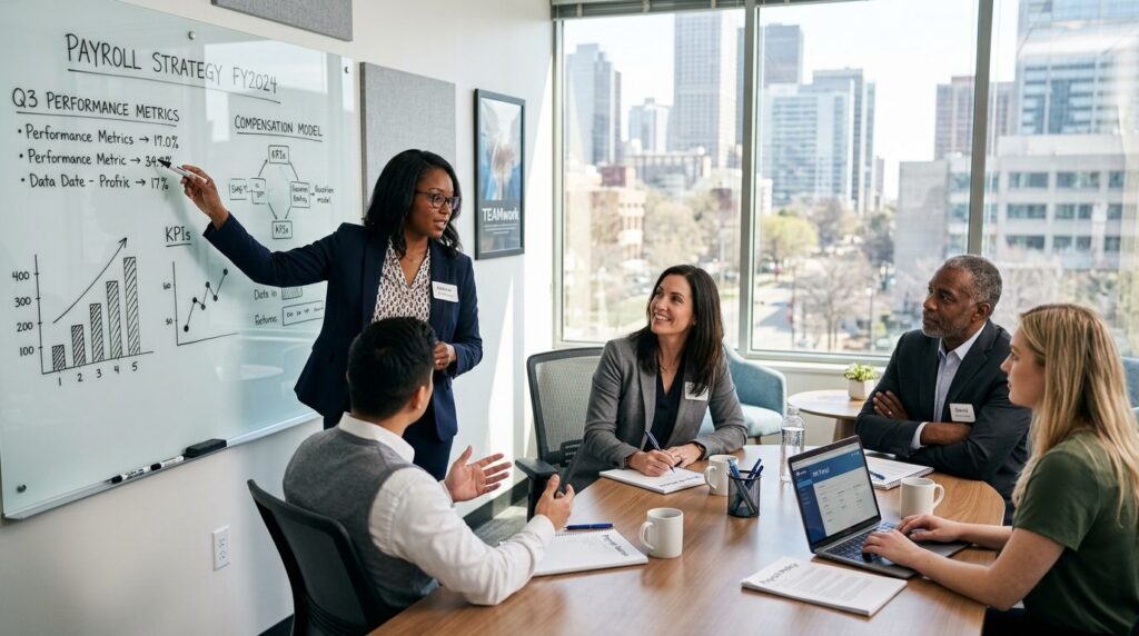 Team of HR professionals in modern office meeting room discu