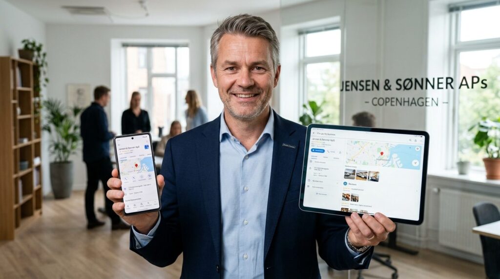 Photorealistic image of a Danish SME owner holding smartphon
