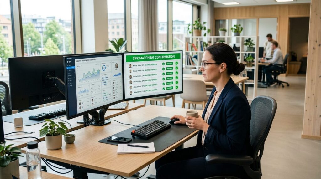 Wide shot of a tech-savvy professional at a desk reviewing a
