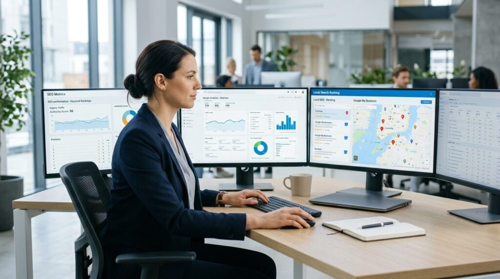 Business professional working at desk with multiple monitors