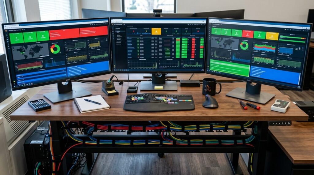 Close-up overhead view of a IT technicians workstation with