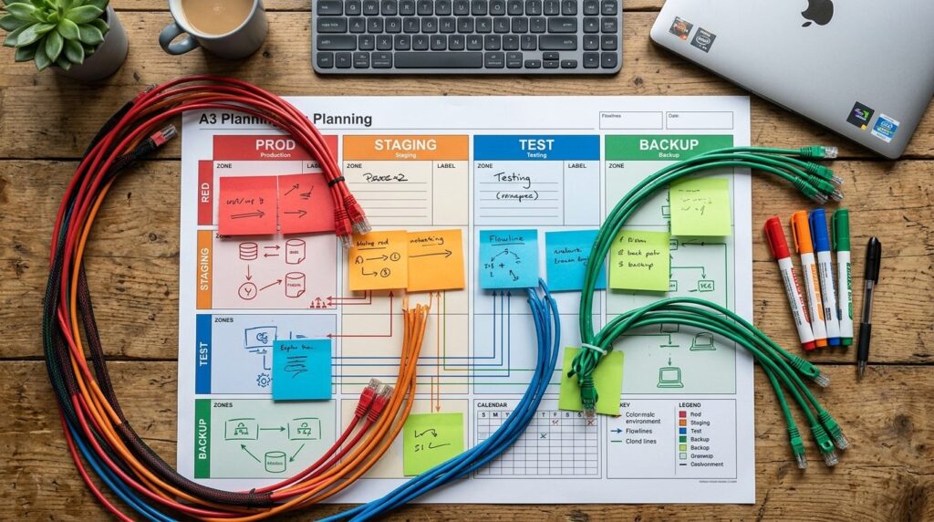 Flat lay photograph of a workplace safety and hosting planni
