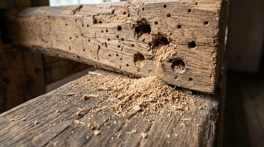 Photorealistic close-up of accumulated wood flour and sawdus