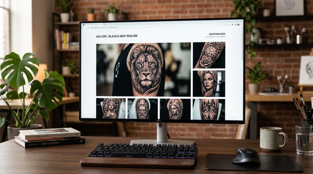 Close-up of a portfolio website displaying high-resolution t