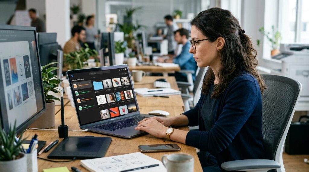 Graphic designer reviewing large file uploads and image opti
