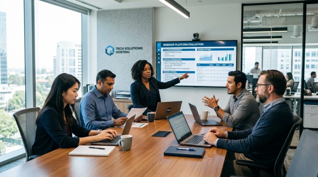 Diverse team of web hosting consultants in a modern meeting 